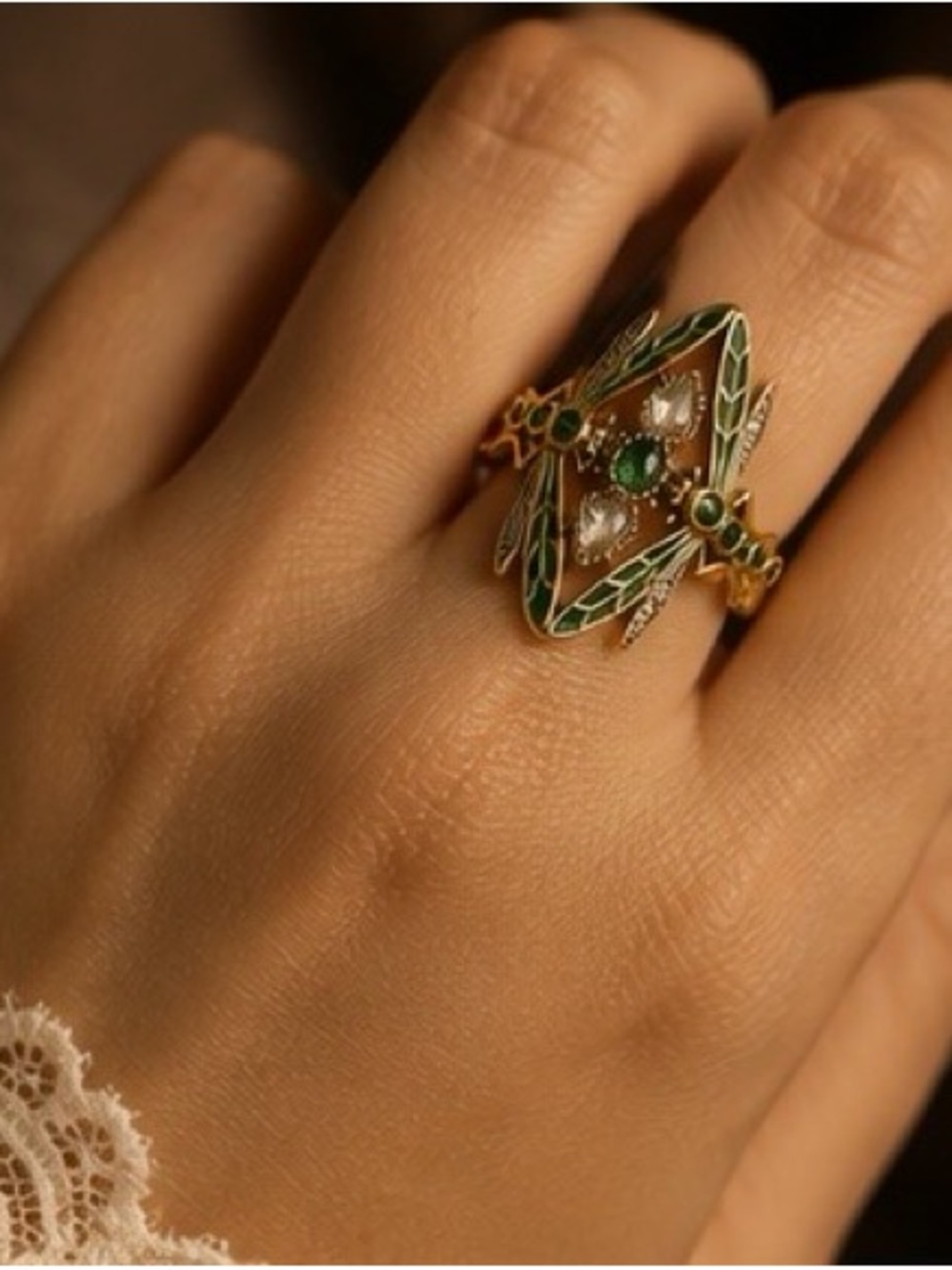 Vintage Emerald Dragonfly Art Nouveau Ring - Picture 4 of 5